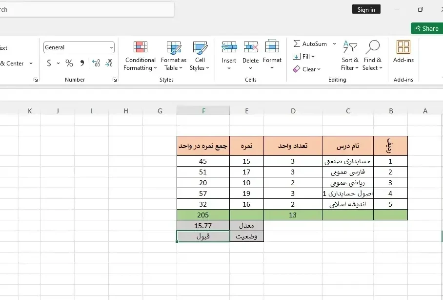 آموزش محاسبه معدل و وضعیت قبولی در اکسل 